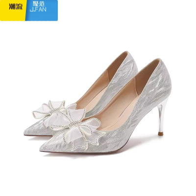 聚范婚鞋女2024新款单鞋主纱结婚新娘鞋纯欲气质细跟高跟鞋女浅口尖头