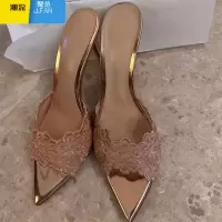 聚范尖头宴会高跟鞋女2024年春新款刺绣细跟单鞋香槟金绣花高跟凉拖鞋