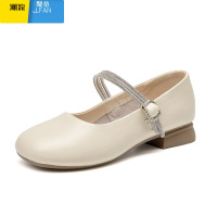 聚范皮浅口单鞋女2024新款夏季一字带水钻玛丽珍鞋软底小皮鞋爆