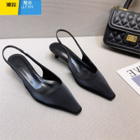 聚范法式白尖头后空绊带包头凉鞋女浅口细中跟简约OL气质单鞋子