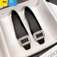 聚范方头浅口单鞋女夏平底2024新款方扣水钻配裙子瓢鞋大码女鞋41一43