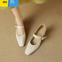 聚范白色法式玛丽珍鞋皮一字扣方头单鞋女中跟不累脚通勤女鞋款