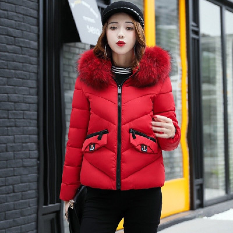 2017秋冬新款韩版学生大毛领加厚修身羽绒服女短外套 粉红色 L