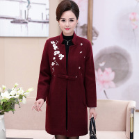 中年妈妈秋装风衣2017新款中老年马海绒毛呢子大衣女中长款外套冬枣红色