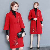 2017秋冬新品中式毛呢唐装大衣女士中长款民族风风衣红色