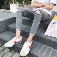 2017秋季新款韩版破洞牛仔裤简约修身微弹九分小脚裤男