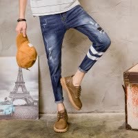 2017秋冬季男式牛仔裤磨破水洗猫须翻边九分裤