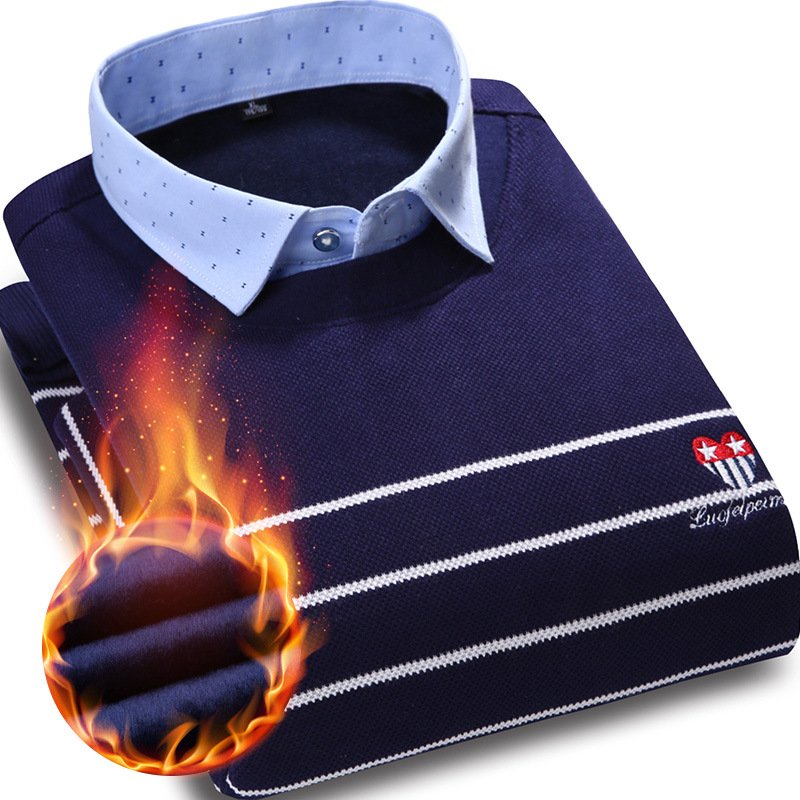 男装保暖衬衫冬季针织衫假两件保暖衬衣领头套长袖加绒加厚衬衫男