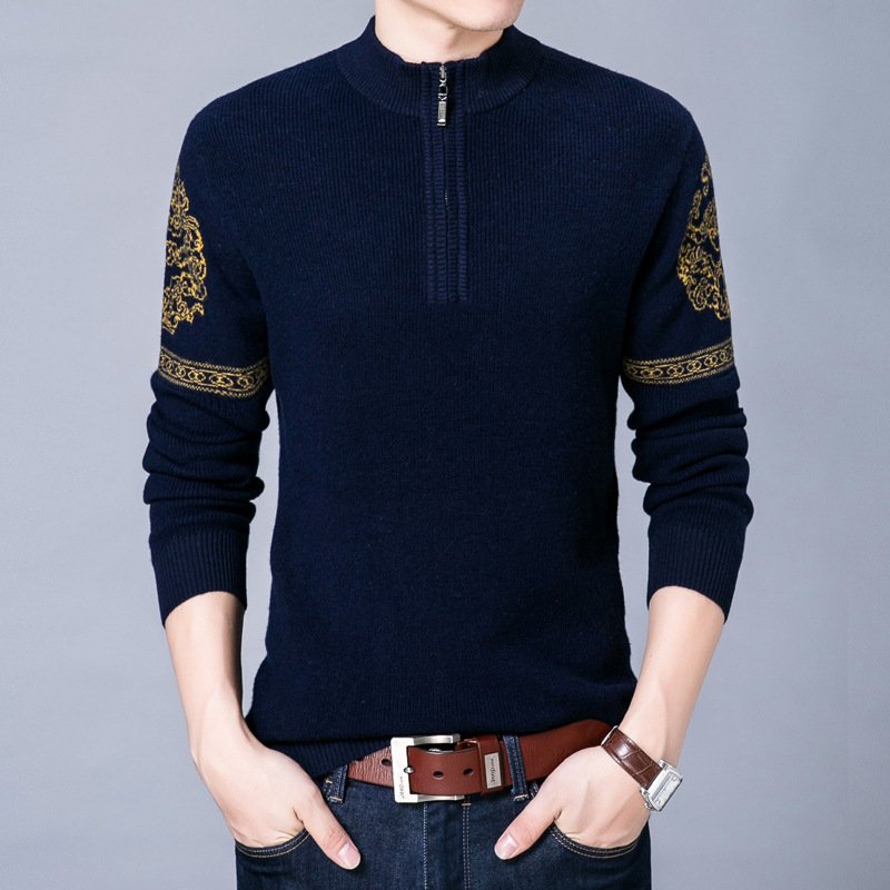 2017秋冬加厚保暖休闲男式毛衣 纯色长袖半高领拉链100%纯羊毛衫
