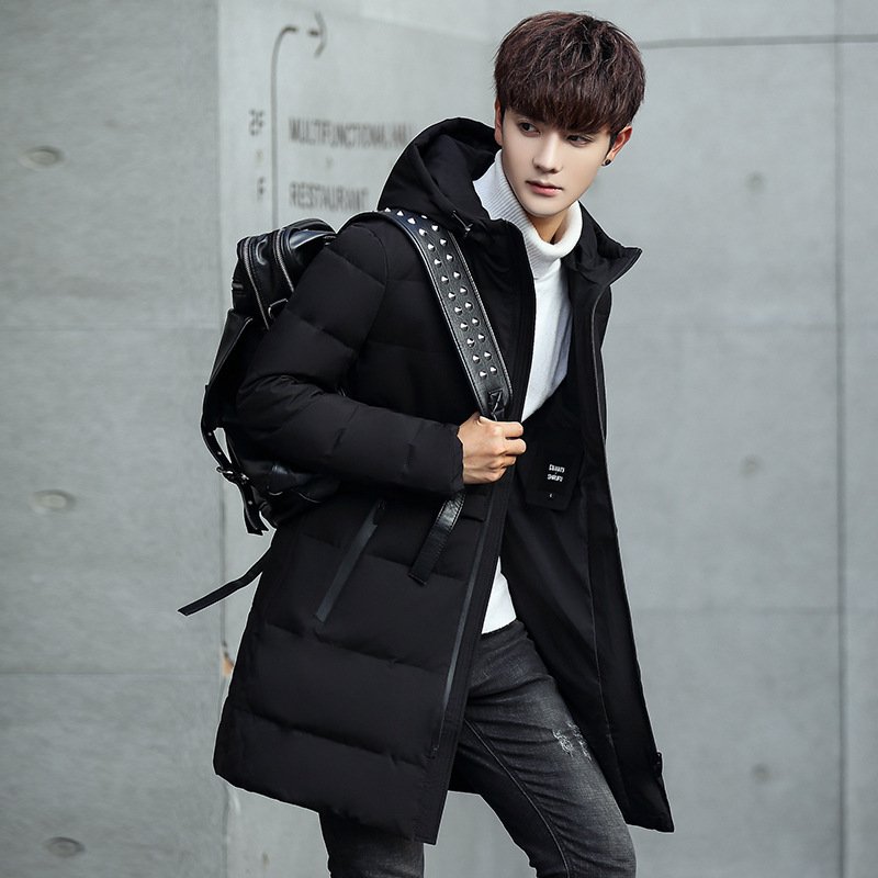 2017冬装新品韩版文艺青年加厚纯色连帽中长款男式羽绒服修身