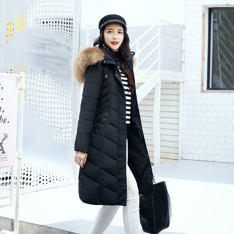 2017秋冬新款长款韩版大毛领保暖加厚羽绒服女外套 黑色 M
