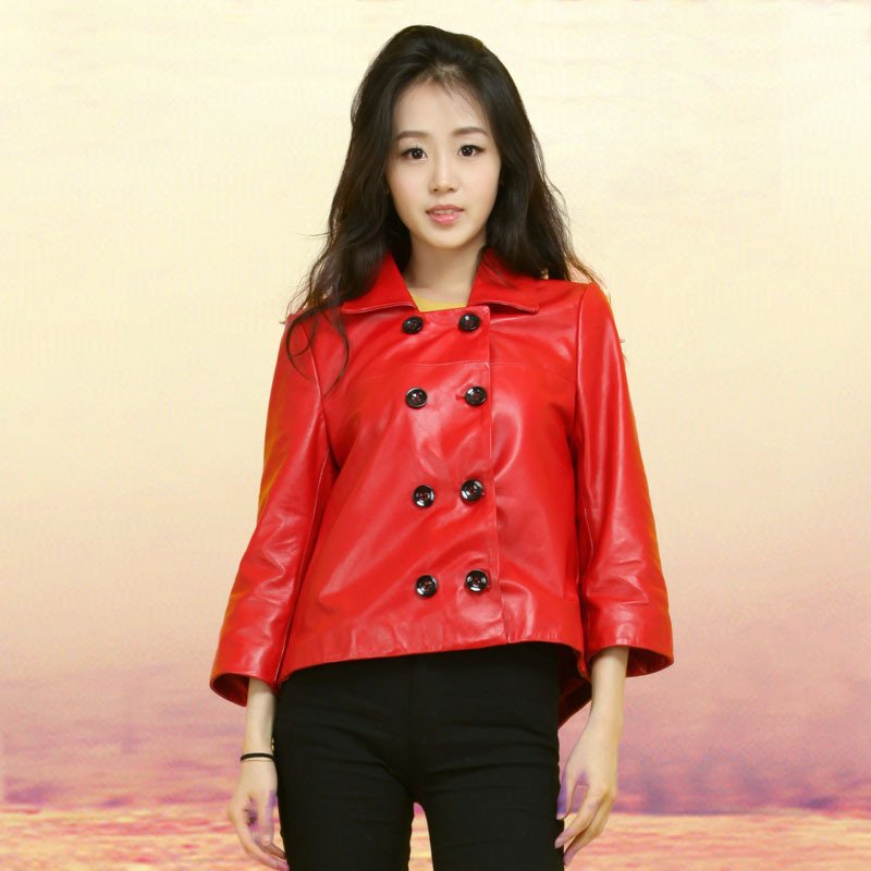 2017秋冬新款真皮皮衣女短款显瘦翻领双排扣海宁绵羊皮夹克外套