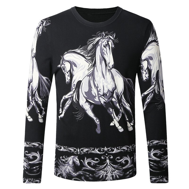 秋季男式羊毛衫潮流男士印花针织衫青年圆领毛衣男线衣黑色