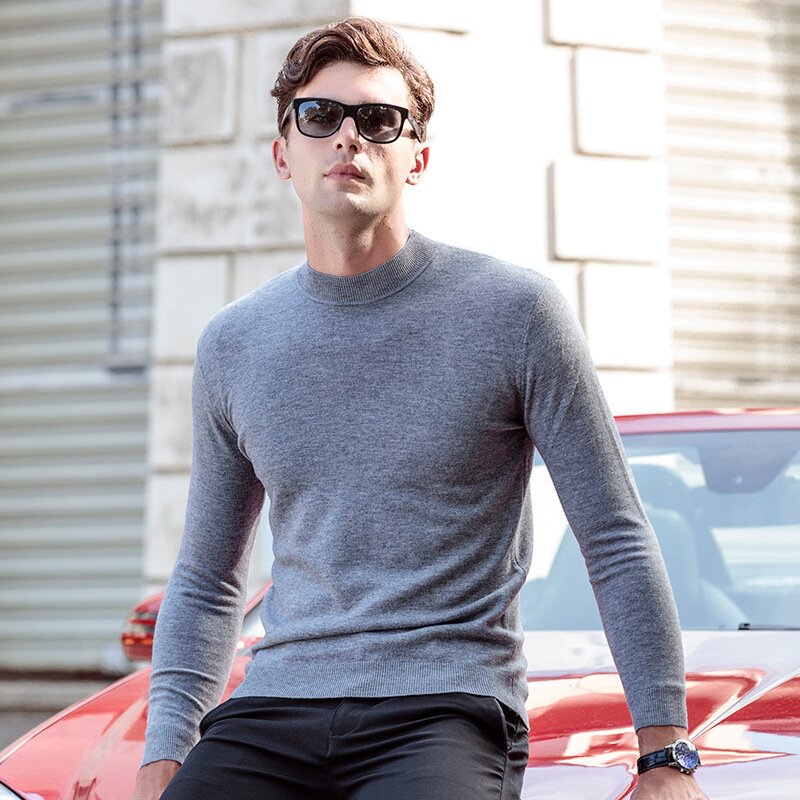 秋冬男士半高领纯羊毛衫青年韩版毛衣薄款套头纯色打底针织衫