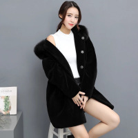 2017秋冬季新款羊剪绒大衣女中长款狐狸毛领羊羔毛绒海宁皮草外套 黑色 均码