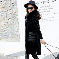 连帽羊剪绒大衣女修身收腰水貂狐狸毛2017冬季新款羊羔毛皮草黑色
