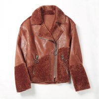 羊剪绒女短款机车翻领2017冬季新款海宁羊毛皮草外套修身显瘦韩版焦糖色