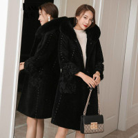 2017冬季新款海宁羊剪绒大衣女中长款修身连帽羊羔毛皮草外套显瘦