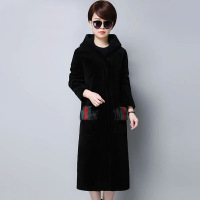 羊剪绒大衣女新款2017中长款拼貂毛羊羔毛连帽海宁皮草外套黑色