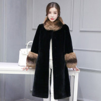 年新款紫貂狐狸毛领美利奴羊皮毛一体大衣女皮草外套长款黑色