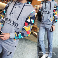 男装2017秋季新款韩版潮流男士迷彩拼色卫衣休闲运动套装