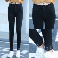 韩版2017女装新款时尚打底裤女秋冬季黑色高腰破洞牛仔小脚铅笔裤黑色
