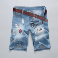 夏天薄款牛仔裤男士中裤青少年破洞韩版短裤潮男五分裤浅蓝色