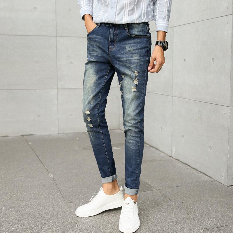 2017夏装新款男士弹力牛仔裤青少年学生长裤破洞休闲男裤子蓝色