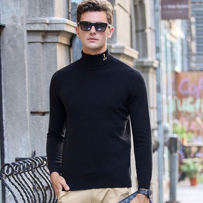纯羊毛高领加厚男装毛衣秋冬青年领子绣花修身针织打底羊毛衫