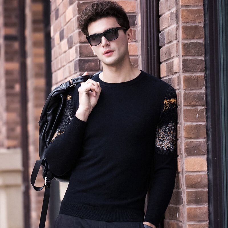 2017新款秋冬季纯羊毛衫男装圆领青年韩版毛衣男士针织打底衫黑色