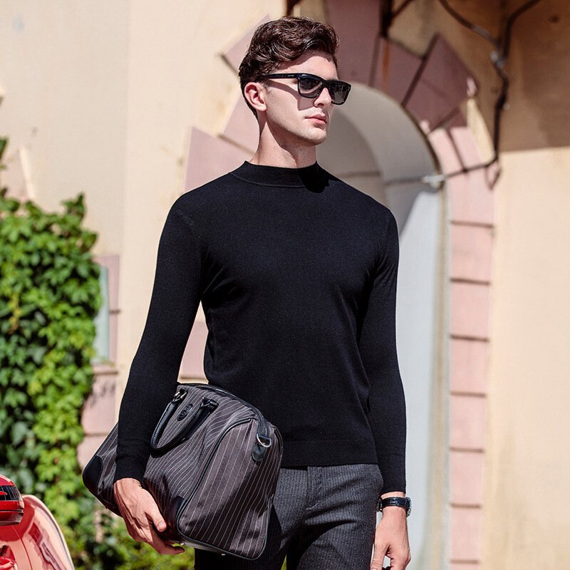秋冬男士半高领纯羊毛衫青年韩版毛衣薄款套头纯色打底针织衫
