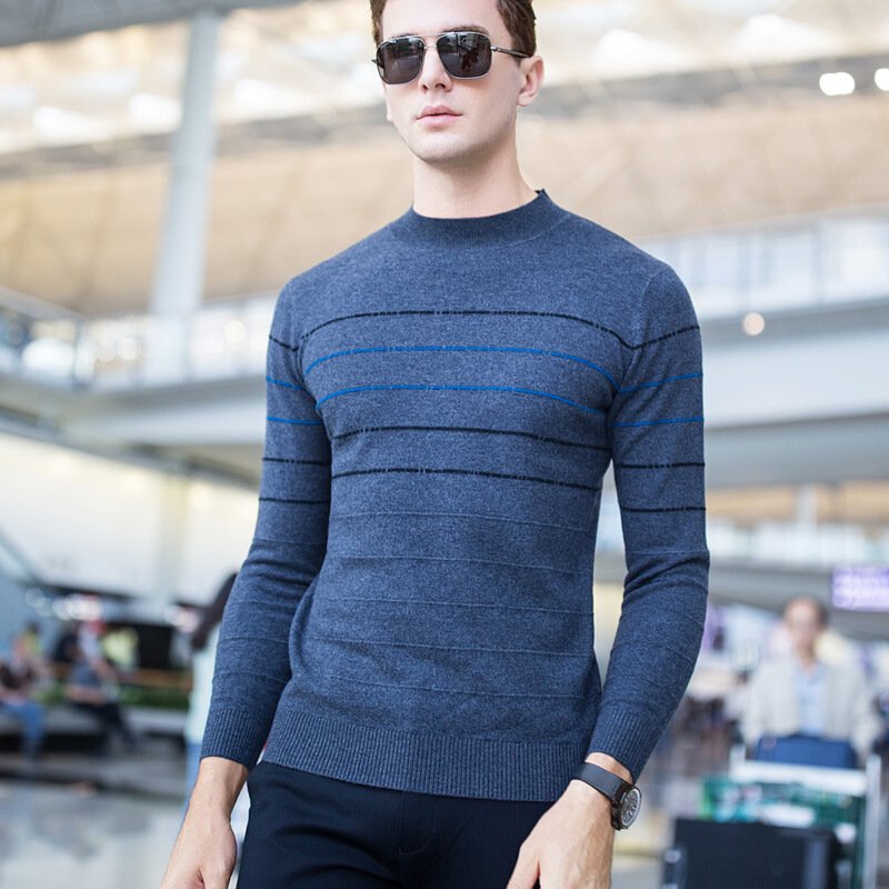 纯羊毛加厚半高领毛衣男士条纹提花羊毛衫秋冬青年套头针织衫 灰色 L