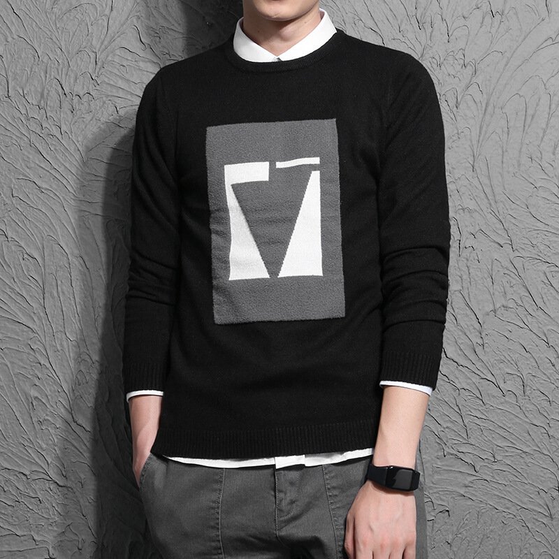 2017冬季新款男士套头羊毛衫青年韩版休闲毛衣加厚款上衣黑色