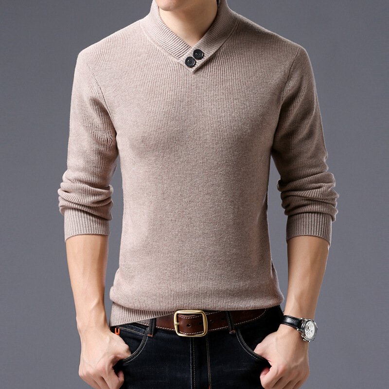 17冬季保暖毛衣男士V领套头羊毛衫青年男装针织衫全毛宽松打底衫