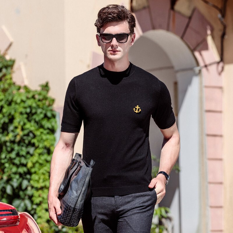 半高领毛衣男装潮牌针织T恤纯羊毛衫男薄款短袖韩版潮流修身线衣