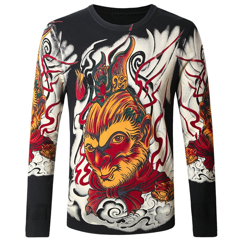 中国风青年薄款针织衫潮品男士美猴王印花羊毛衫精品男士毛线衣黑色