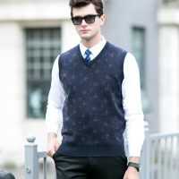 纯羊毛加厚V领提花背心男装商务无袖羊毛衫秋冬中年套头毛衣