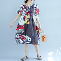 2017手工褶皱棉麻大码胖妹妹中长款显瘦遮肚子胖MM连衣裙女 图片色 大码均码