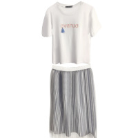 2017夏季韩版新款女装字母刺绣连衣裙T恤+半身裙套装套装