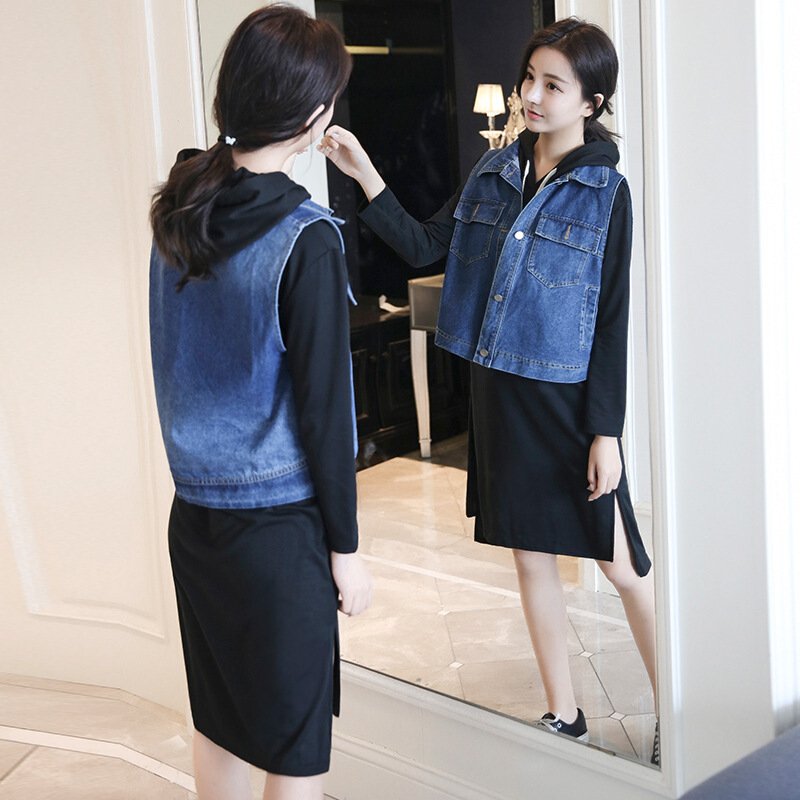 2017秋装新款韩版牛仔马甲两件套长款开叉连帽卫衣连衣裙女套装裙