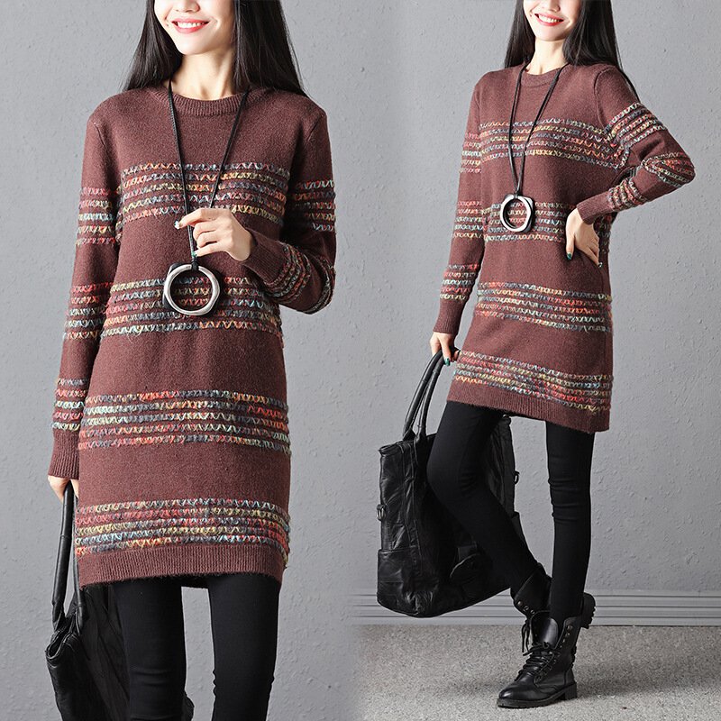 2017冬装新款文艺加厚大码女装中长款显瘦打底毛衣针织衫连衣裙 咖啡色 均码