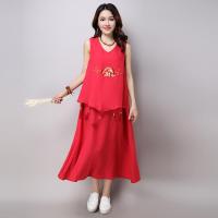 2017夏季新款民族风手工绣花吊穗大摆背心连衣裙宽松显瘦长裙红色