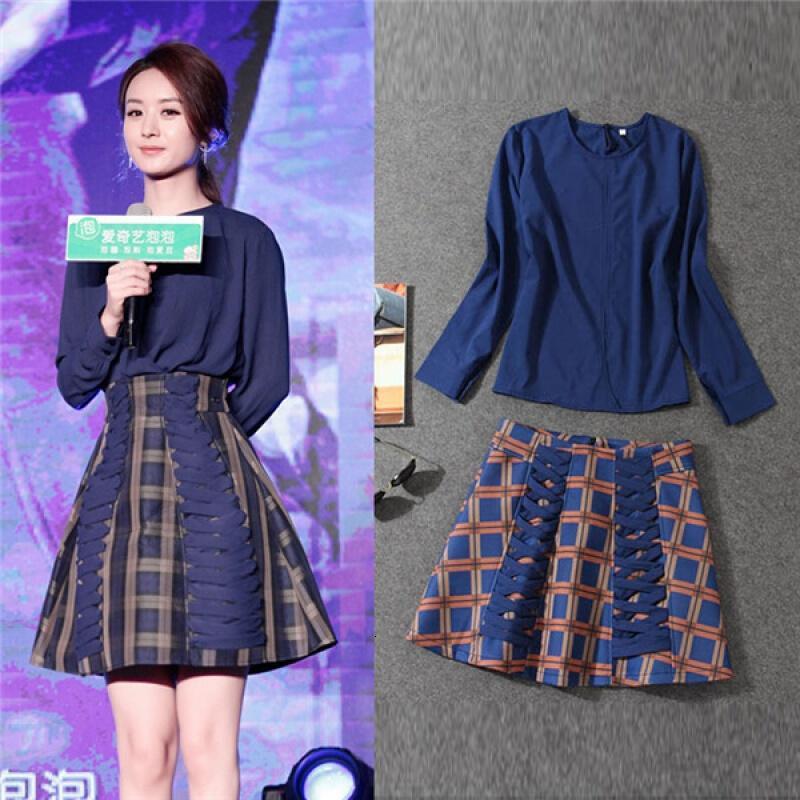 2017秋季新品赵丽颖长袖雪纺衬衫+格子半身裙连衣裙套装图片色