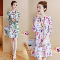 2017新款长袖胖mm中长款A字裙长袖棉麻印花连衣裙