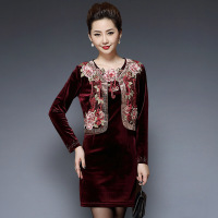 两件套裙丝绒刺绣连衣裙长袖妈妈装冬季新款中老年中国风女装