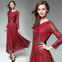 2017秋季新款女装时尚收腰显瘦蕾丝长裙复古提花V领大摆连衣裙红色