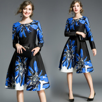 欧洲站女装2017秋新款名媛气质印花圆领长袖大摆连衣裙图片色