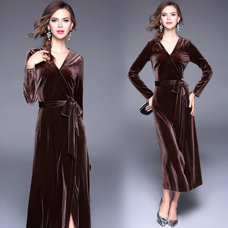 2017秋季新款女装v领丝绒开叉长裙修身显瘦纯色丝绒连衣裙咖啡色