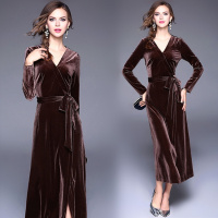 2017秋季新款女装v领丝绒开叉长裙修身显瘦纯色丝绒连衣裙咖啡色