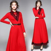 2018装新款女装蕾丝拼接长裙大摆显瘦连衣裙红色